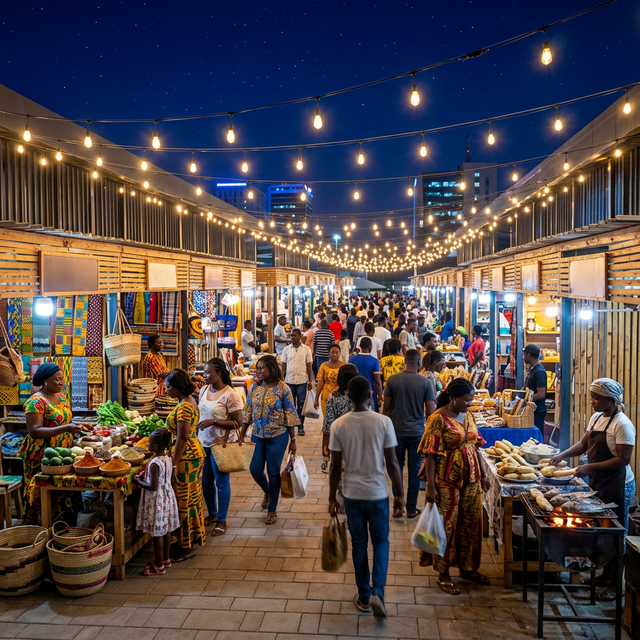 Vibrant, safely lit Accra night market